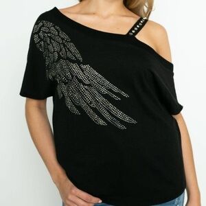 Cold Shoulder Short Sleeve Top With Wings and Stones - NEW WITH TAGS